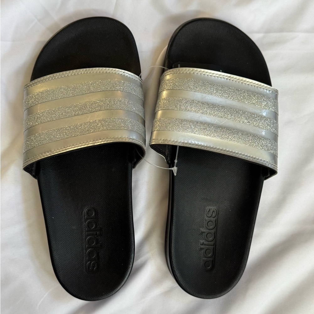 Adidas | Adilette Comfort Slide | Black and Glittery Silver Sandals | Size 5